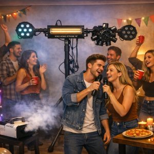 Komplektas: JBL belaidė kolonėlė, JBL mikrofonai, šviesos ir dūmų efektai